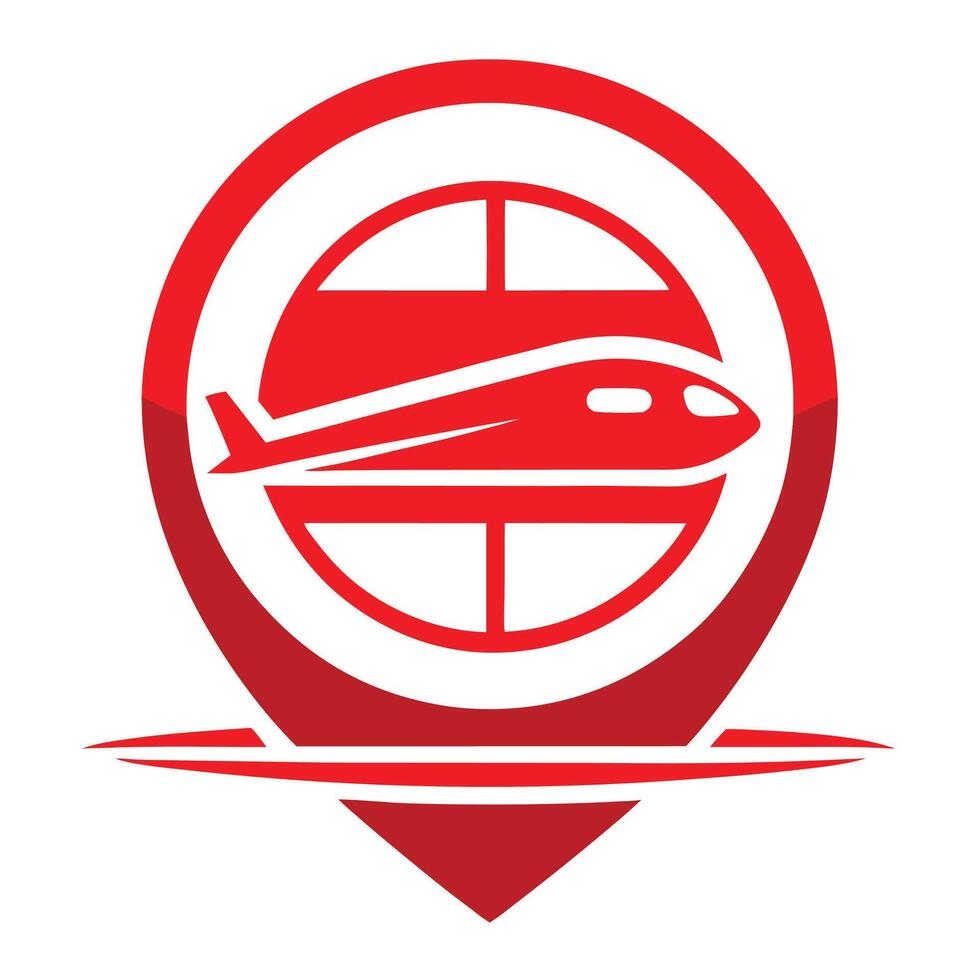Red logo, airplane icon, circular design, location pin, minimalist, flat graphic, travel symbol, vector