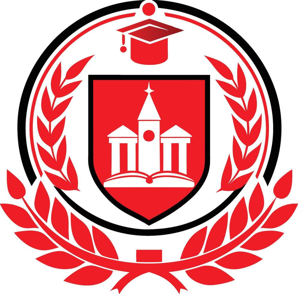 Logo design, university crest, red and white color scheme, graduation cap, laurel wreath, academic building silhouette, vector