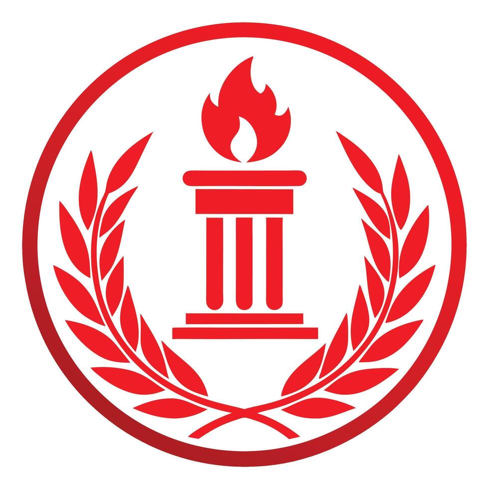Red circular emblem, Greek column with flame, laurel wreath, academic symbol, minimalist design, flat graphic, vector