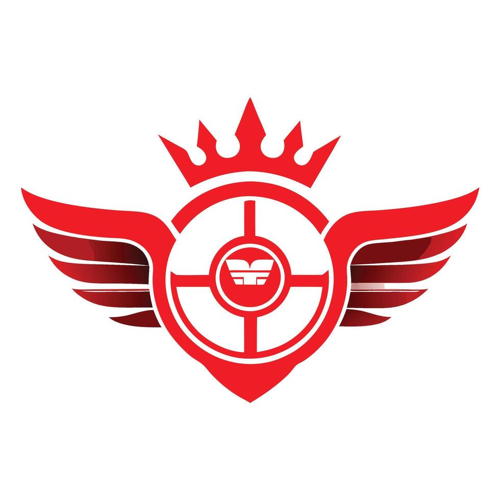 Red emblem, winged crest, crown symbol, target design, shield shape, iconic logo, gradient shading, vector