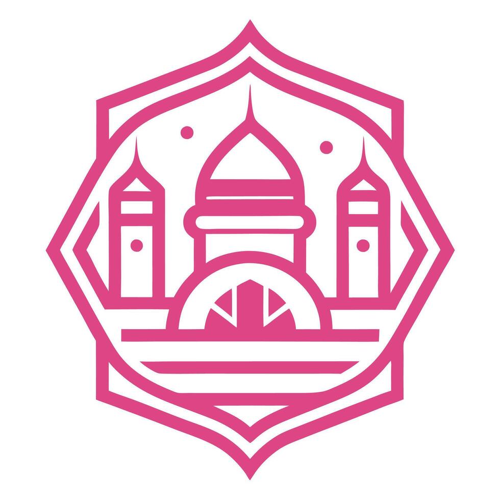 Pink icon, geometric design, mosque silhouette, Islamic architecture, minimalist illustration, symmetrical composition, decorative emblem, vector