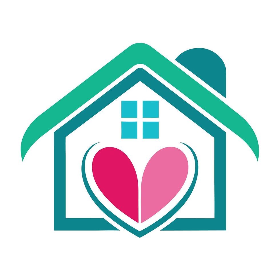 Logo design, house icon, heart shape, love home concept, teal and pink color scheme, minimalist graphic, real estate symbol vector