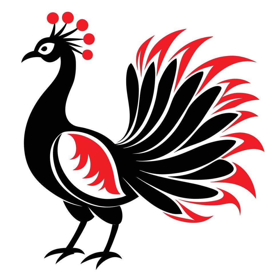 stylized peacock, black and red graphic design, minimalist art, folk art inspired, decorative bird illustration, bold contrasting colors vector
