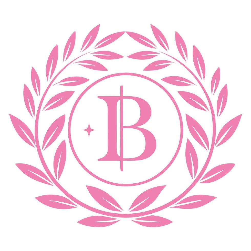 Pink logo design, monogram letter B, circular emblem, laurel wreath, symmetrical layout, elegant typography vector