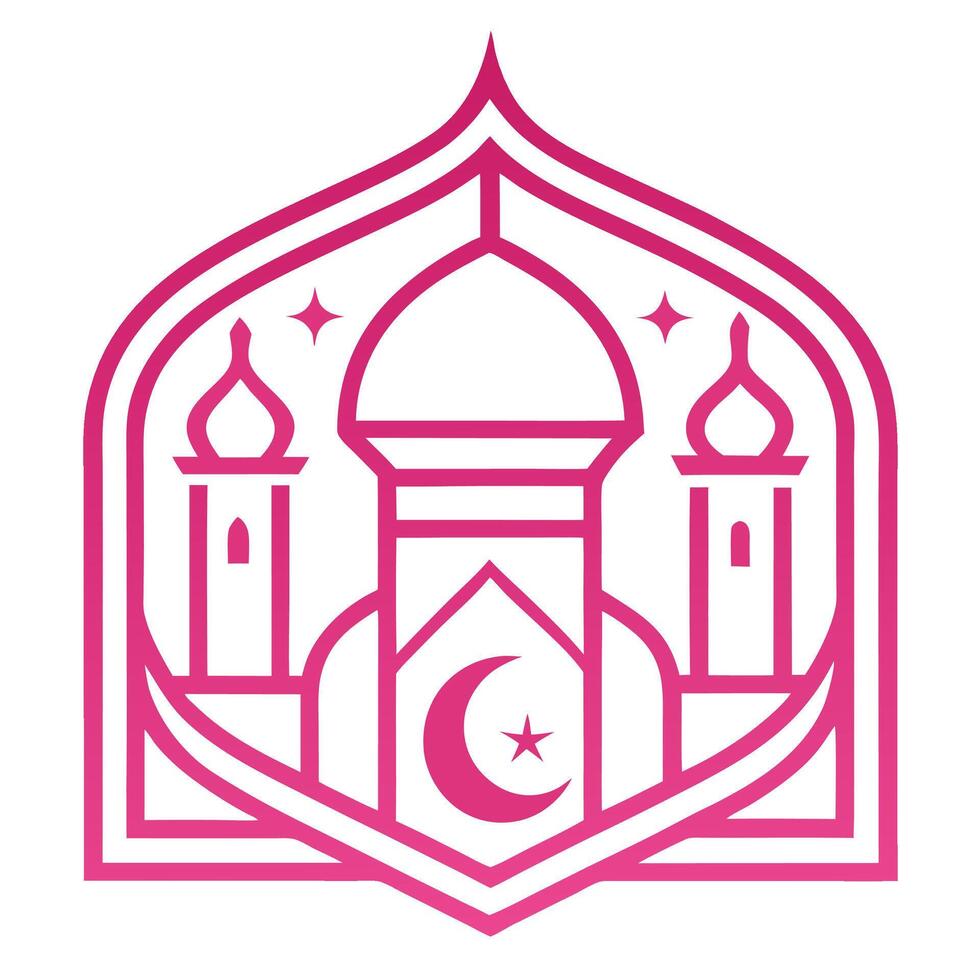 Islamic architecture, mosque icon, minimalist design, pink line art, geometric shapes, crescent moon and star symbols, stylized minarets, onion dome, symmetrical composition, arabesque vector