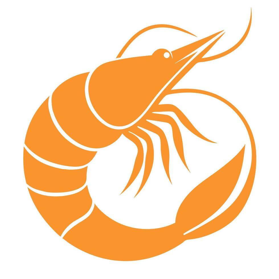 Orange shrimp icon, minimalist design, stylized crustacean, circular composition, seafood logo, white background vector