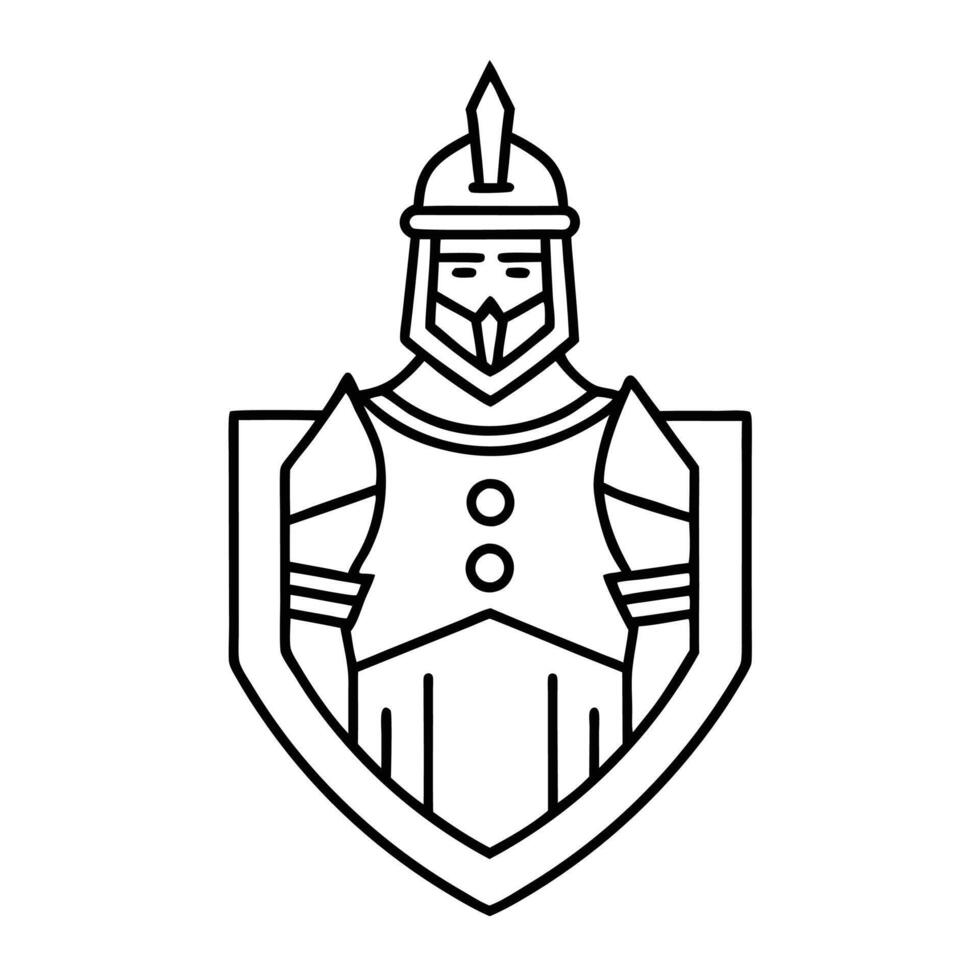 Medieval knight icon, minimalist line drawing, shield-shaped emblem, armor details, helmet with pointed top vector