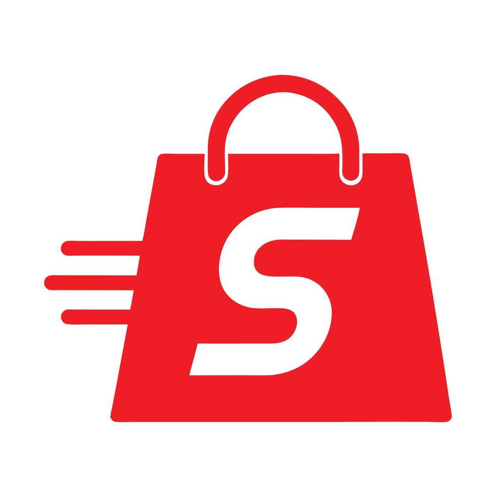 Red shopping bag icon, minimalist design, white letter S, speed lines, e-commerce logo, flat graphic, bold color, simple shape, digital marketplace vector