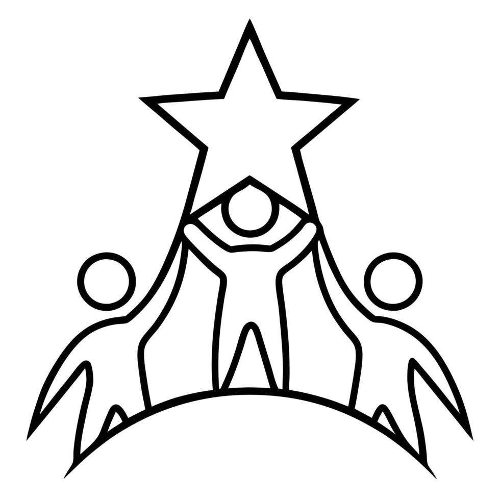 Minimalist logo design, black and white, three stylized human figures, central figure reaching for a star, vector