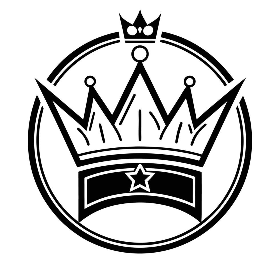 Black and white logo, stylized crown, circular emblem, geometric design, star emblem, royal insignia, vector