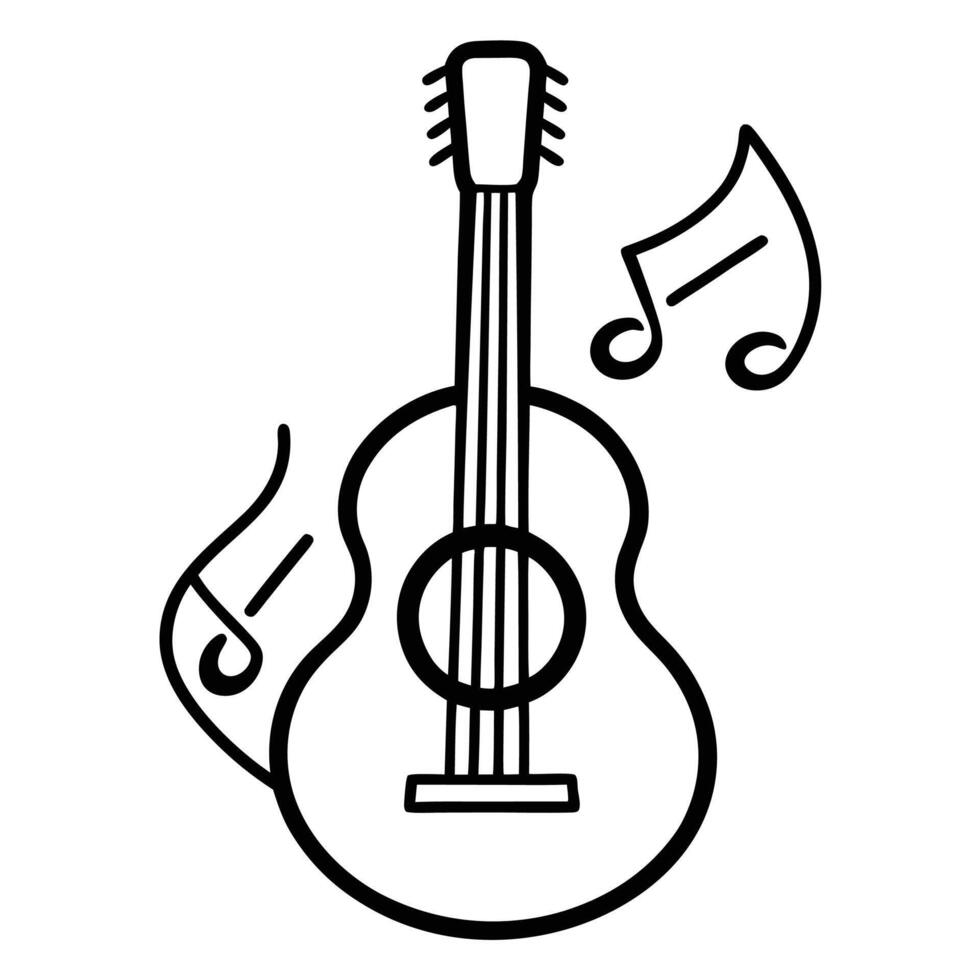 Black and white illustration, simple guitar outline, acoustic guitar, musical notes, minimalist design, clean lines, iconic representation, vector