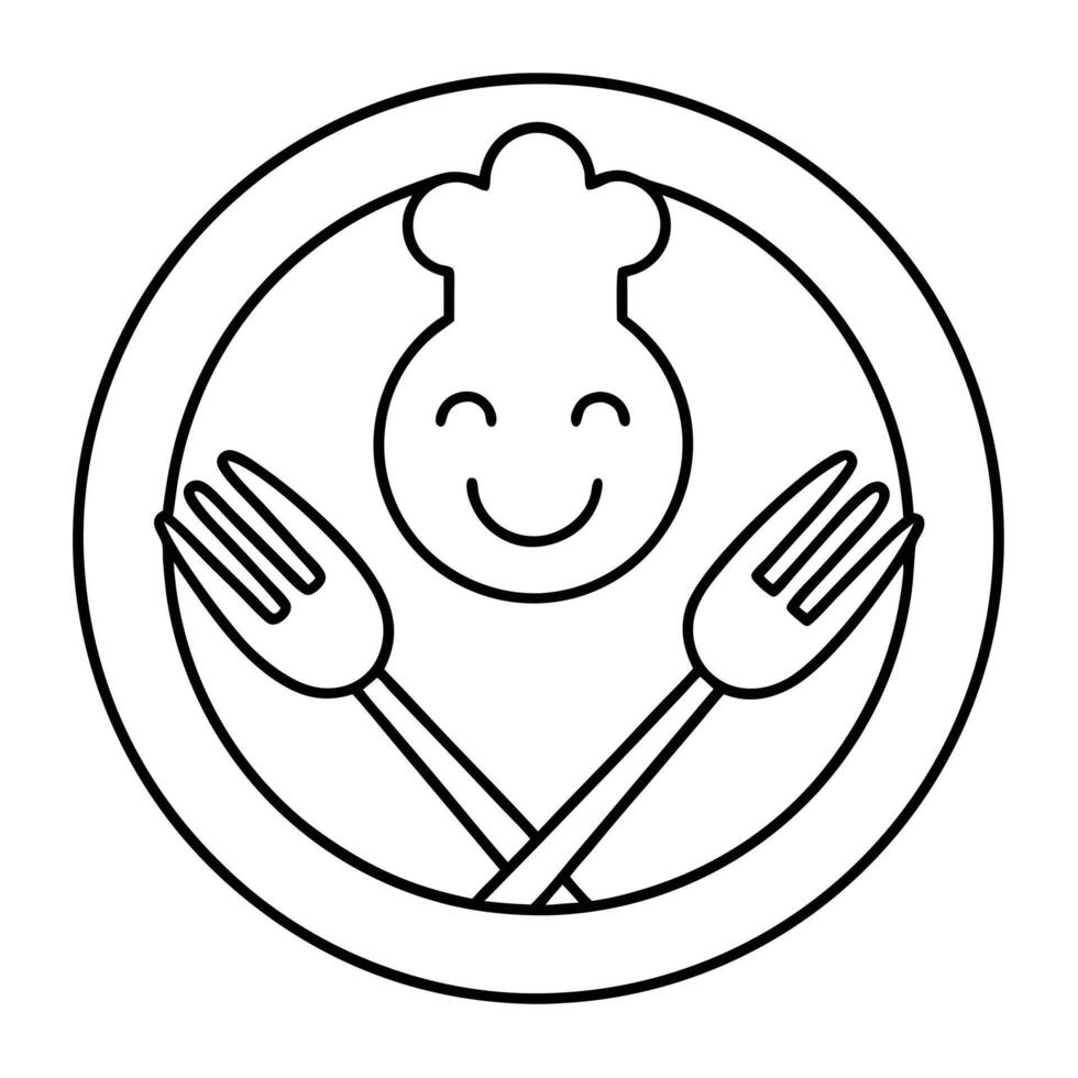 Minimalist cartoon logo, smiling chef face with hat, crossed forks, circular design, black and white line drawing vector