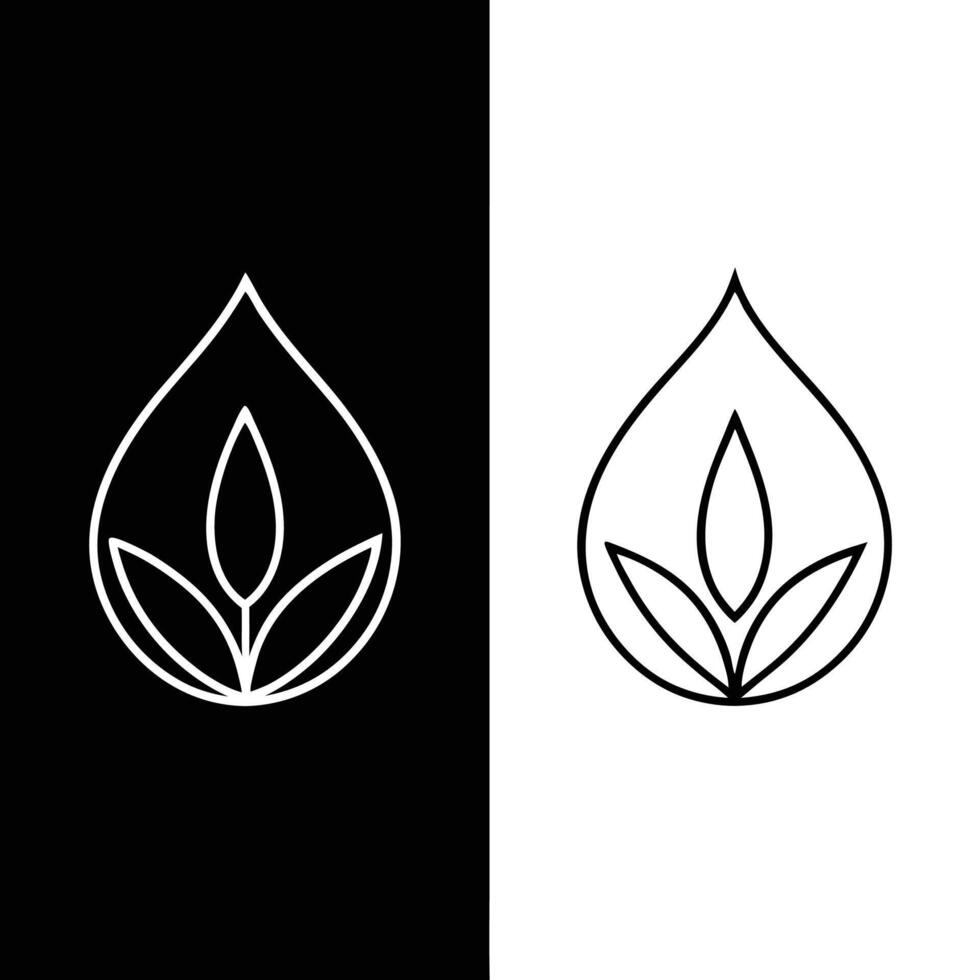 Minimalist teardrop logo, stylized leaf inside, black and white contrast, simple lines, symmetrical design, nature-inspired icon, clean geometric shapes vector
