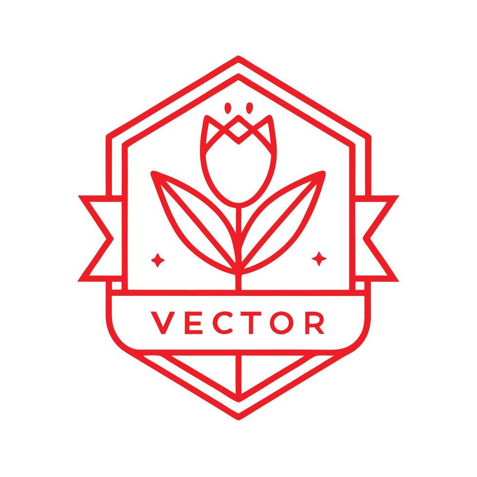 red line art, minimalist logo design, tulip flower icon, hexagonal badge, ribbon banner, text, clean geometric shapes, vector