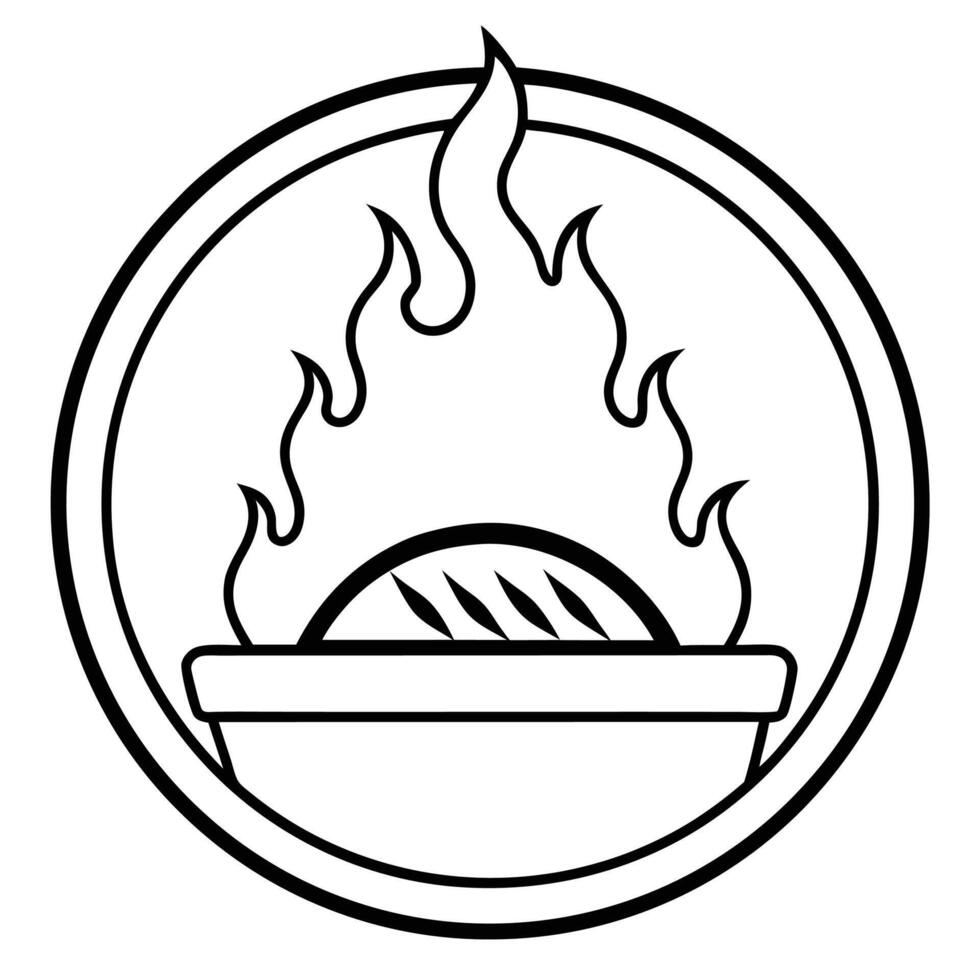 Minimalist logo design, circular emblem, bowl of noodles or ramen, stylized flames, black and white lineart vector