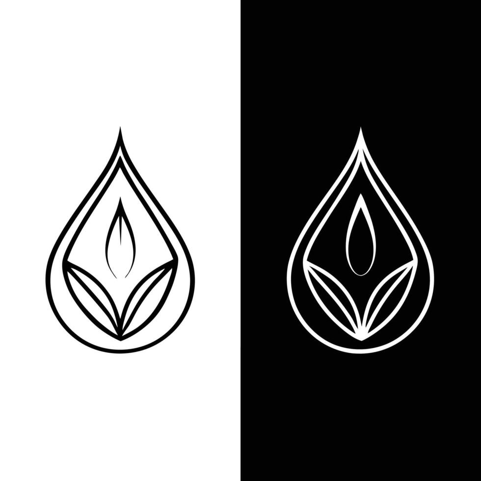 Minimalist logo design, teardrop shape, leaf motif, abstract flame, symmetrical composition, black and white contrast, clean lines, organic forms, vector