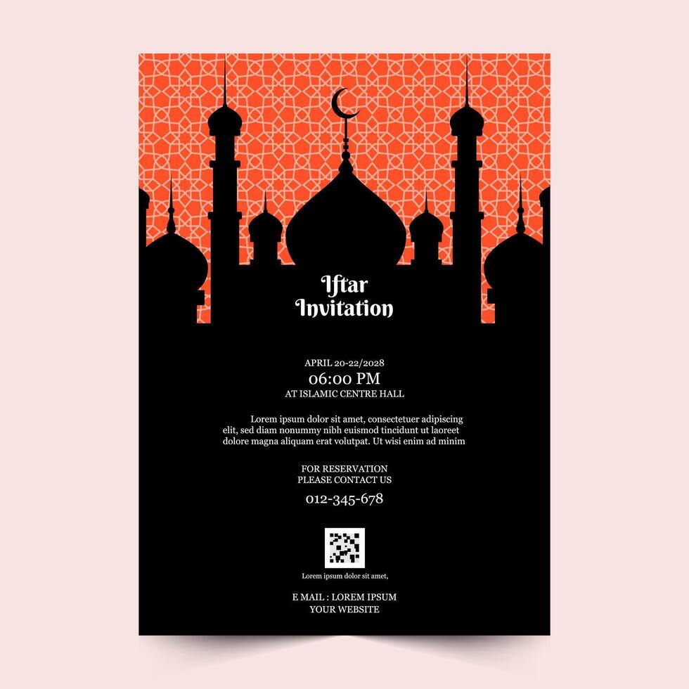 Ramadan iftar invitation template with beautiful pattern design and Ramadan decoration. mosque silhouette vector