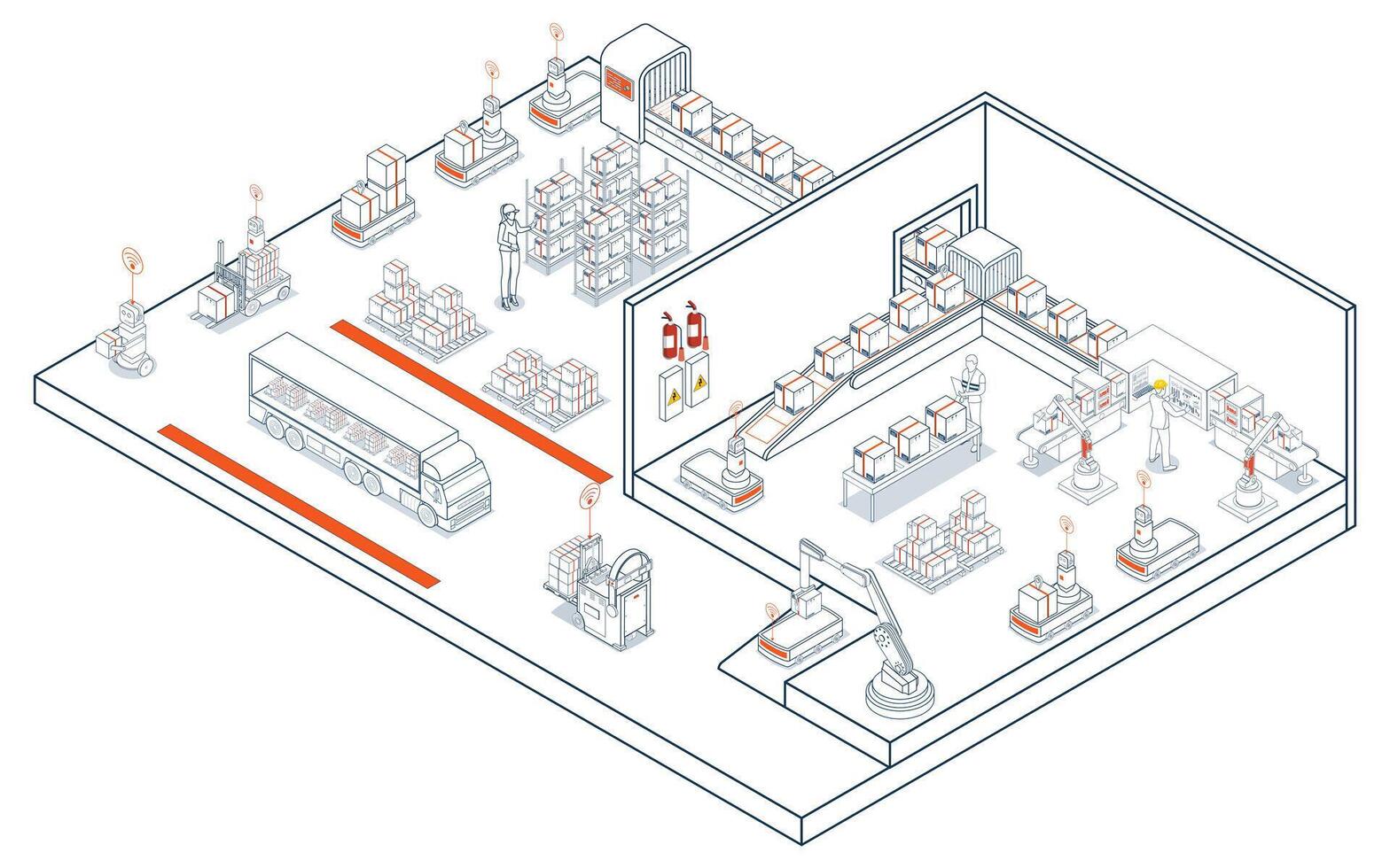 Smart logistics and automated warehouse operations, featuring AGVs and AMRs for robotic material handling and transportation. vector