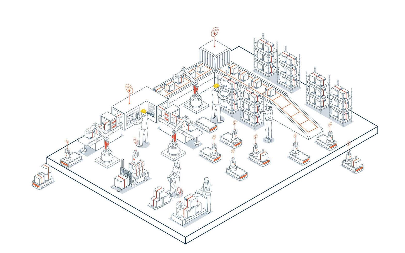 Smart warehouse automation systems utilize AGVs and AMRs for efficient material handling and comprehensive cargo management operations. vector