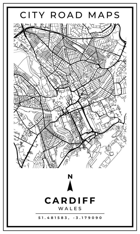 Black and white printable map of Cardiff city Wales banner poster design, illustration vector