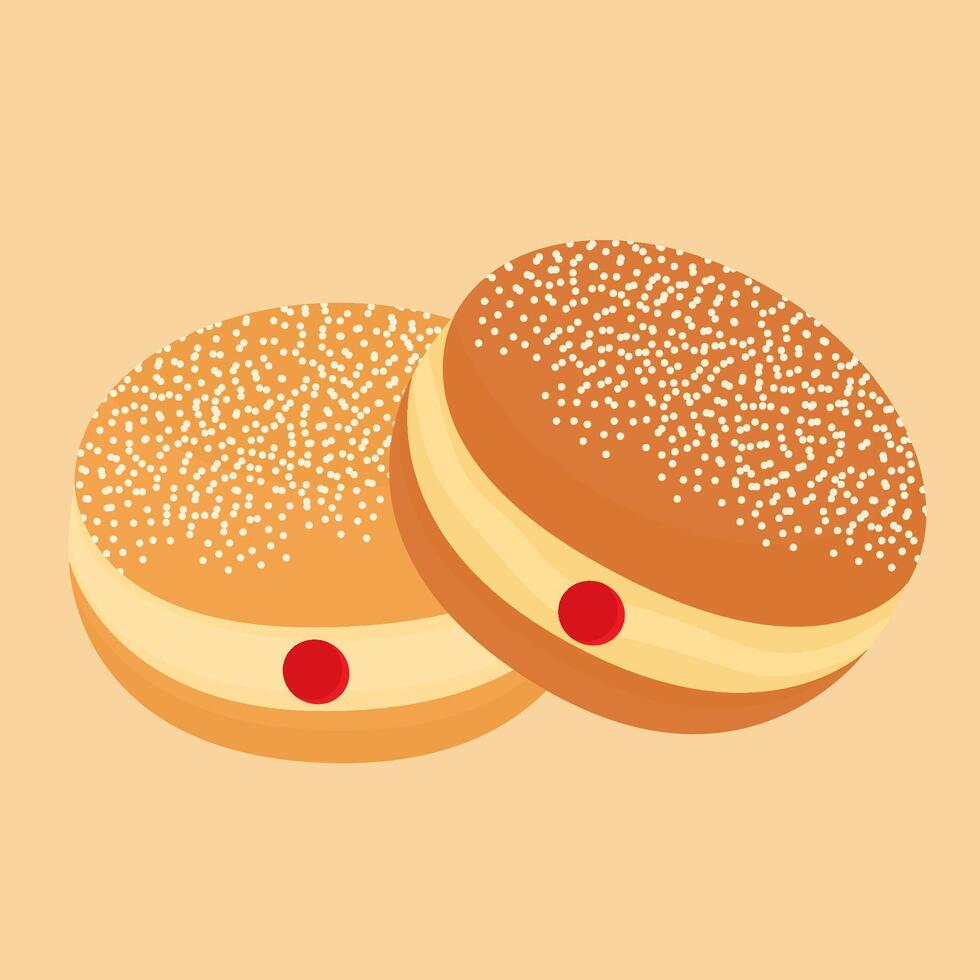 Bomboloni's illustration features two golden donuts with toppings and cream filling, perfect for menu visuals, branding or dessert themed artwork vector