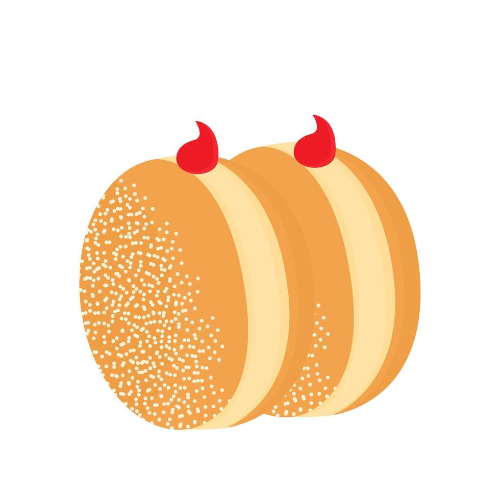 This illustration of bomboloni features golden donuts with red jam filling, sprinkled tops, ideal for bakery branding, dessert packaging, or food concept visuals vector