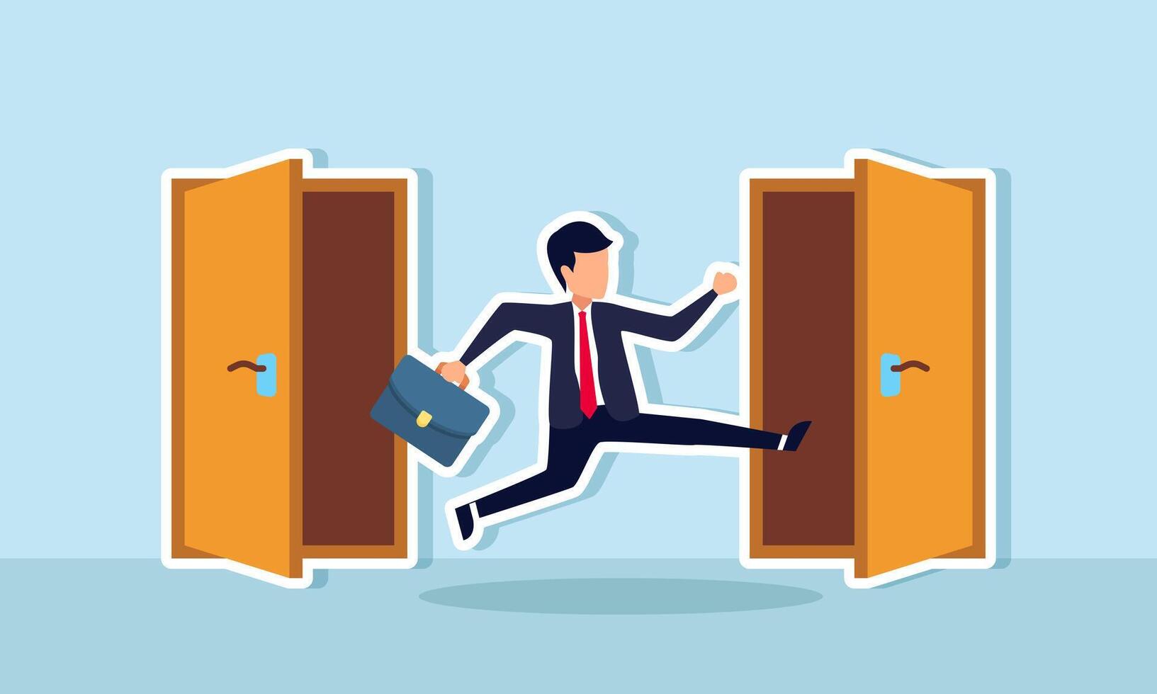 A businessman exits one door and intends to enter another, illustration of switching to another business field vector