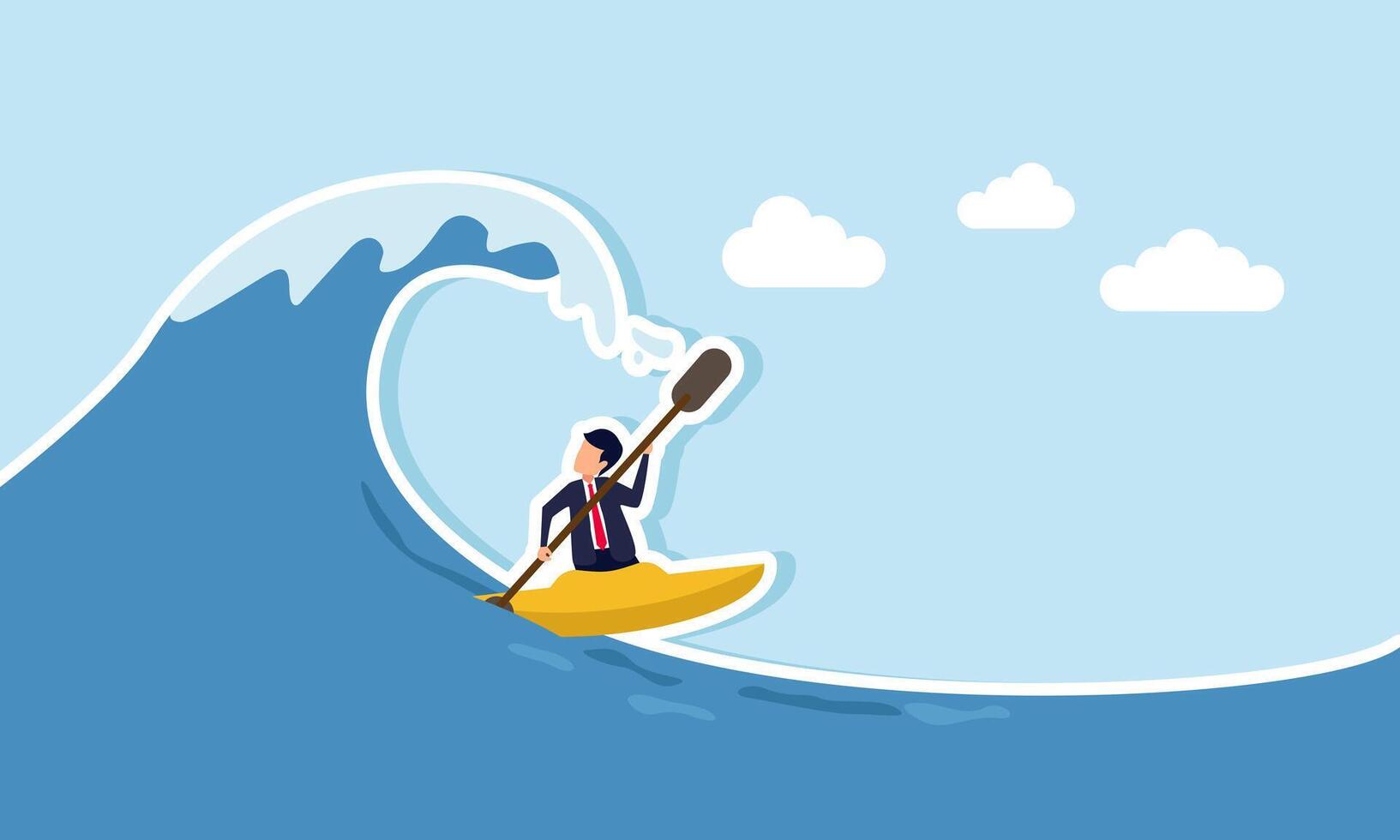 A businessman paddles a canoe through massive ocean waves, illustration of efforts to save a business from a major economic crisis vector