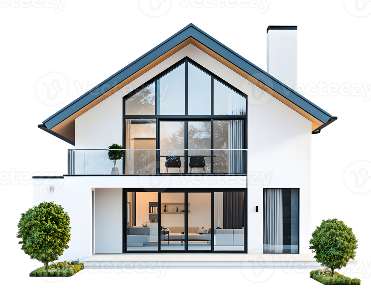 Modern White House with Large Windows and Gabled Roof png