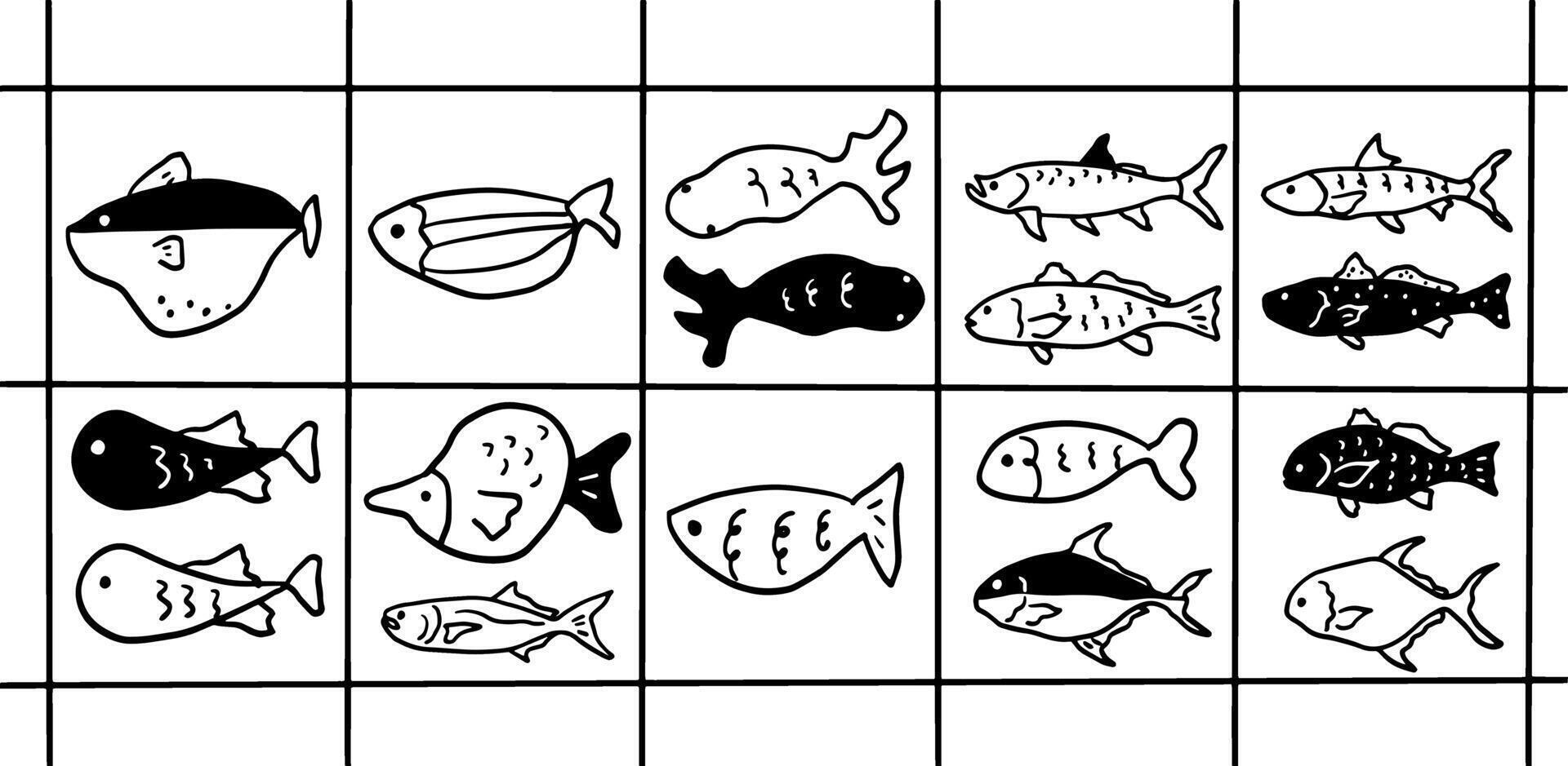 Simple Fish Drawing Collection Minimalist Black and White Art vector