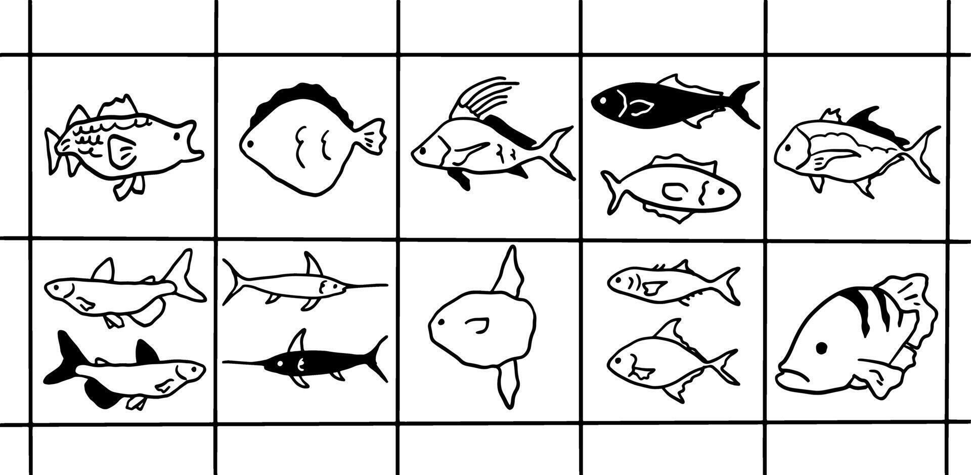 Fish Line Art Black and White Digital Illustration Set vector