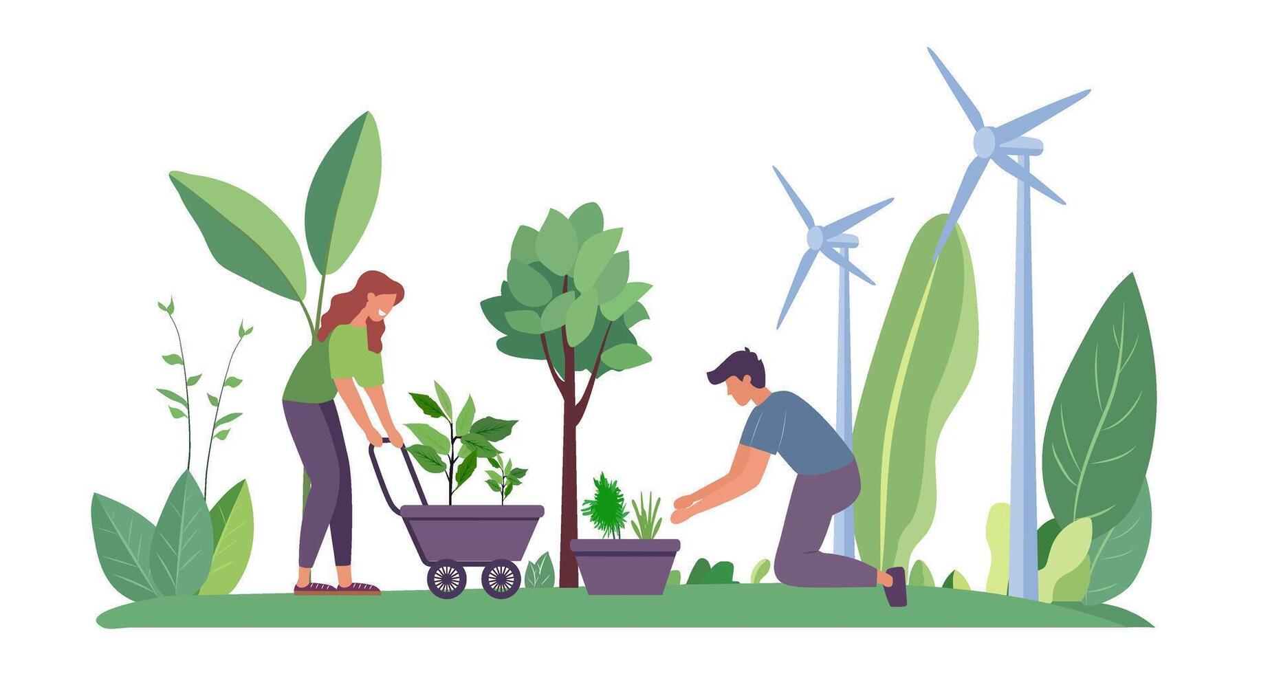 Young planting trees and working together for environmental protection, a flat illustration with a white background. This concept depicts an eco-friendly lifestyle and sustainability vector