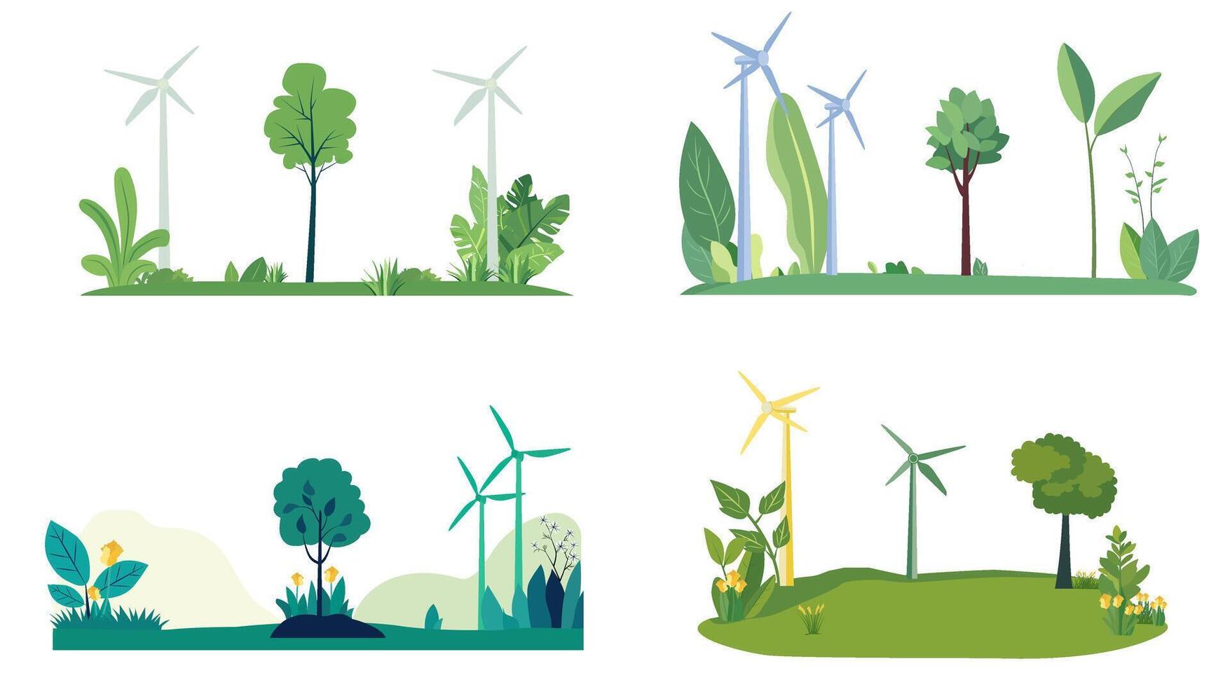 Eco-friendly environment illustration set with wind turbines, trees, and plants on a white background. Green energy concept vector