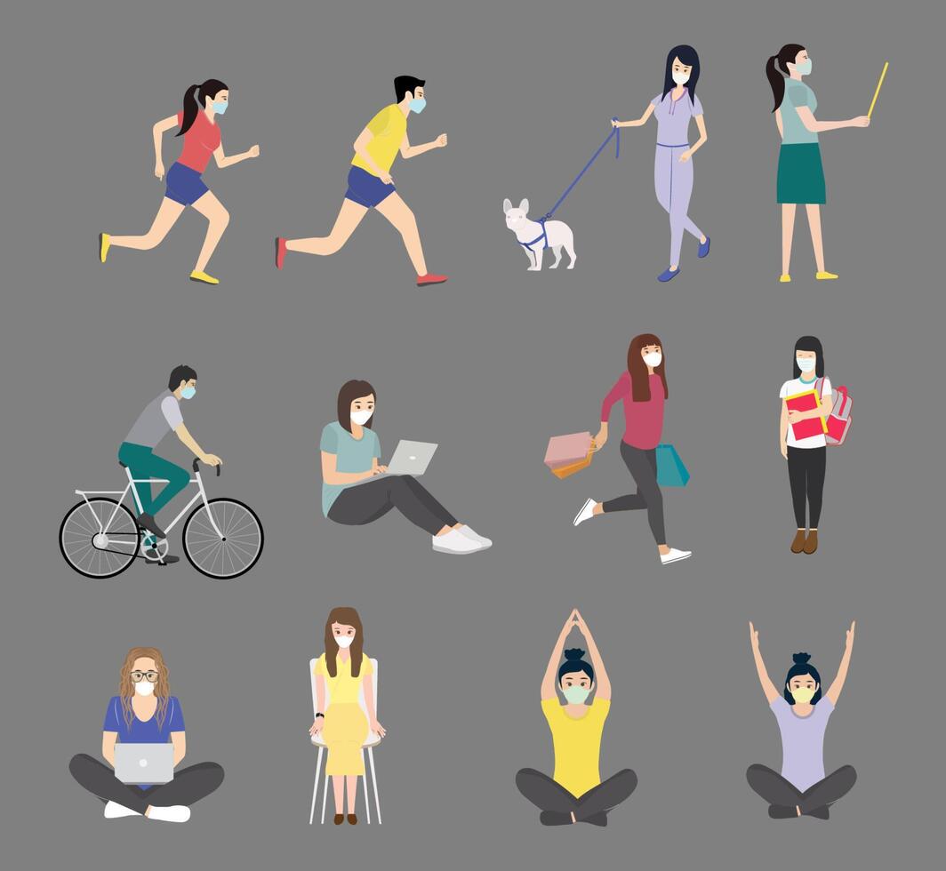 people in masks and other activities on a gray background vector
