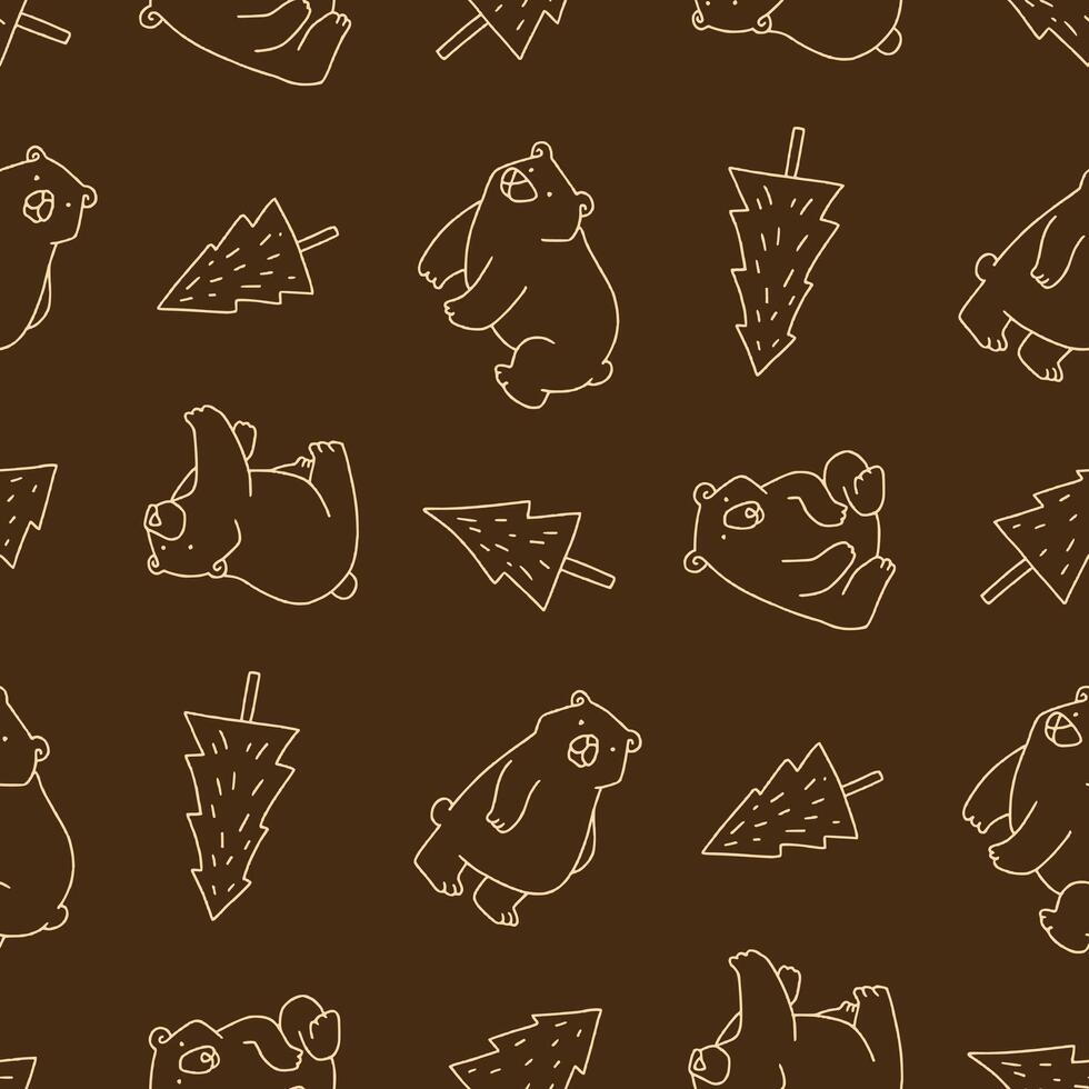 Outline Bear Animal Tree Seamless Pattern illustration for Print, Wallpaper, Decoration. vector