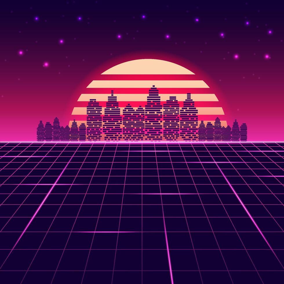 Digital retro background. Sci-Fi technology cyberpunk concept. Design for wireframe, neon, light, grid, landscapes, retro, 80s, 90s. vector