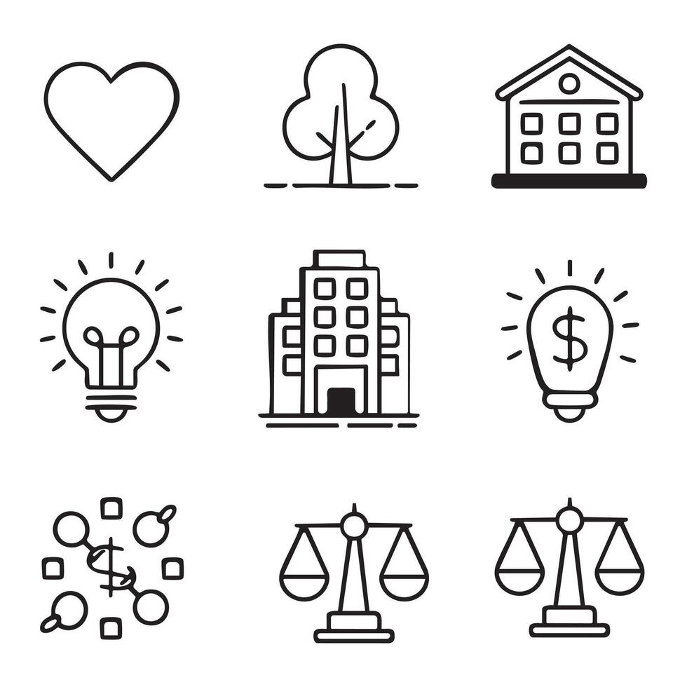 Minimalist Line Art Icons Black and White Symbols Heart Tree House Lightbulb Office Building Dollar Sign Network Scales of Justice Set vector