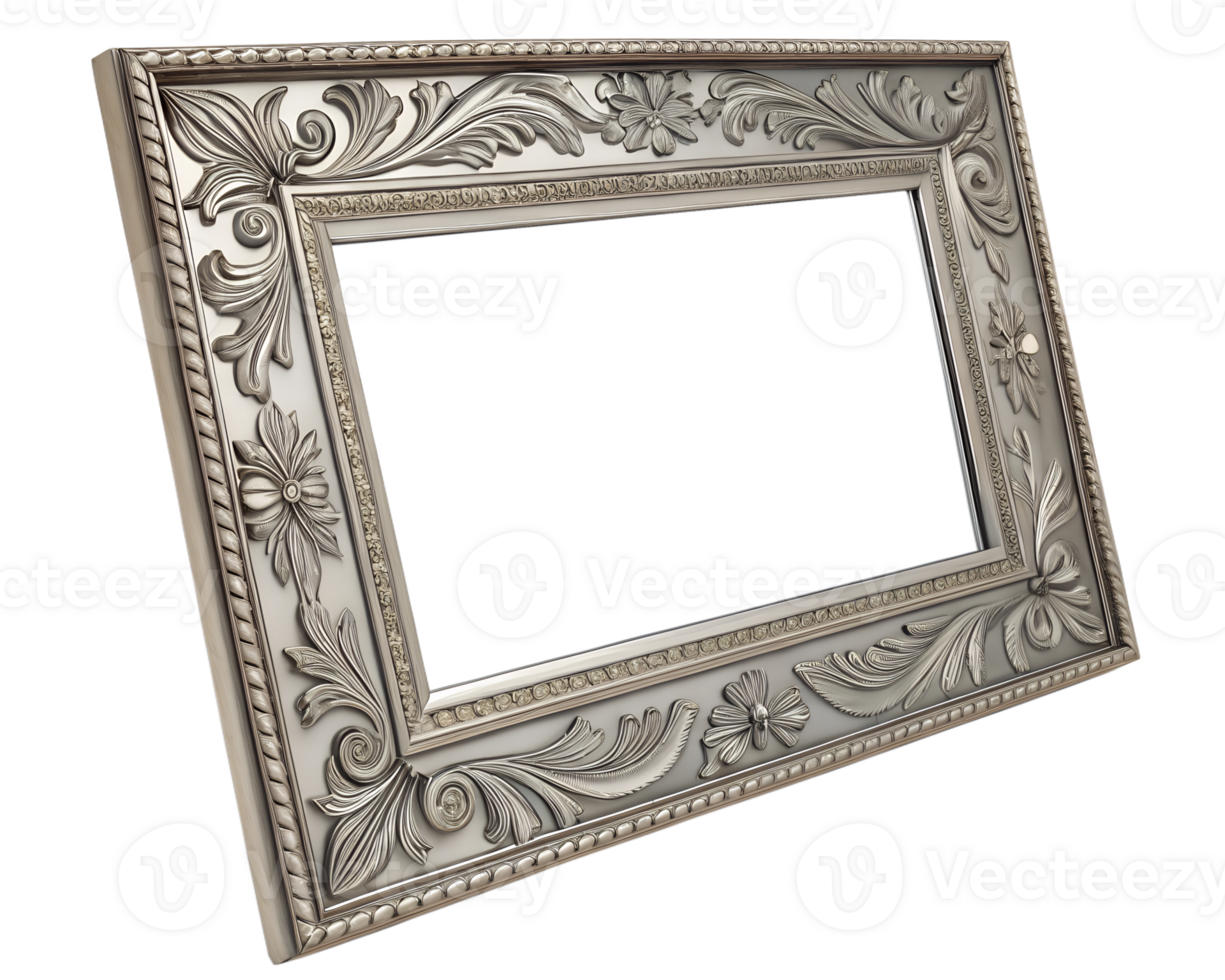 Antique silver mirror frame with intricate carvings png