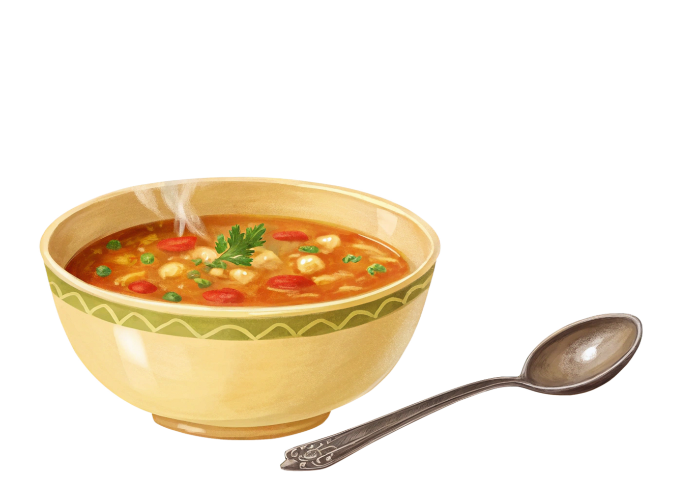 A bowl of soup with a spoon and spoon png
