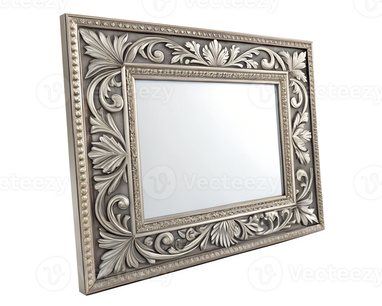 Vintage silver mirror frame with carved details, elegant design png