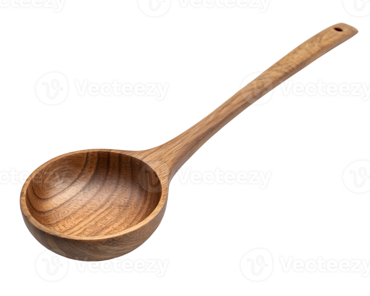 Wooden ladle with long handle for cooking on transparent background, rustic kitchen tool png