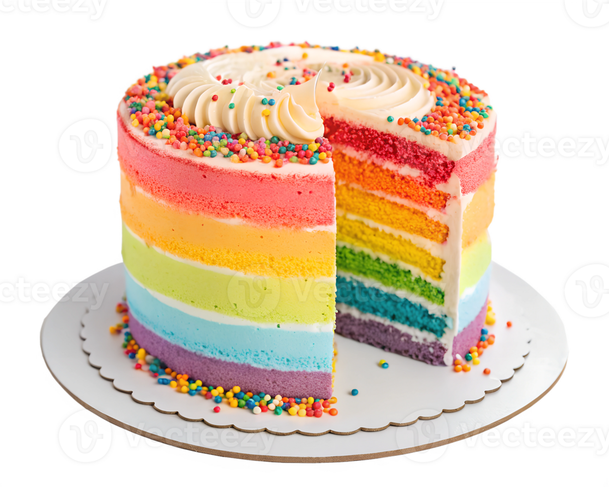 Full rainbow cake with sprinkles on transparent background, colorful png
