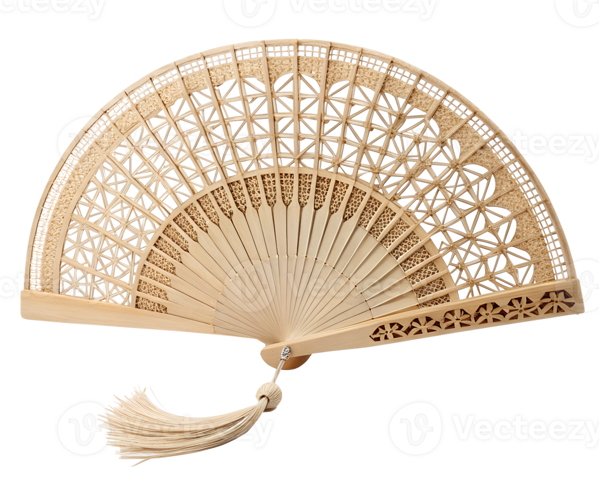 Decorative bamboo hand fan with intricate weave, traditional design png