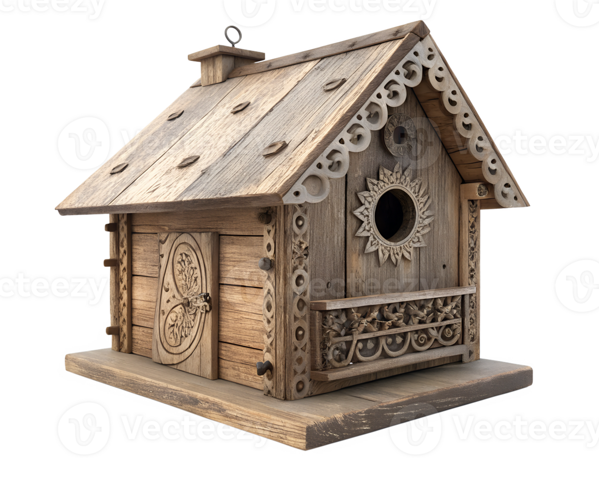 Rustic style wooden birdhouse with intricate details on transparent background png