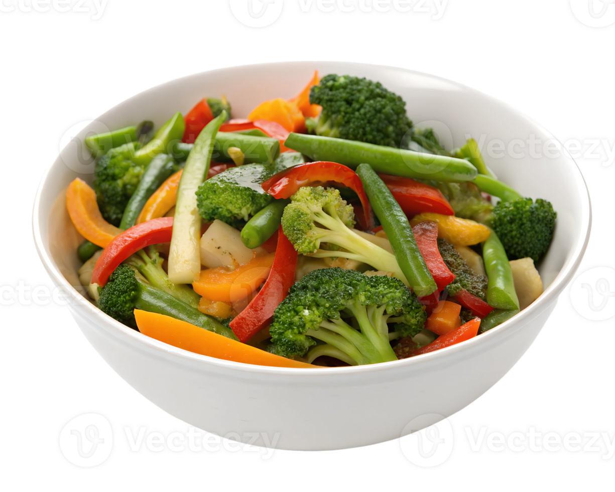 Stir-fried vegetables in a bowl on transparent background, vibrant and healthy png