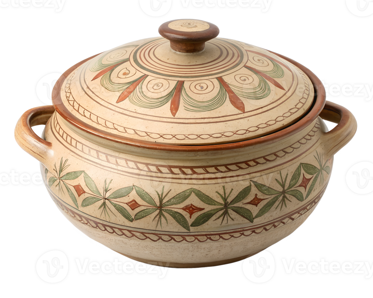 Round ceramic pot with handles, traditional style on transparent background png