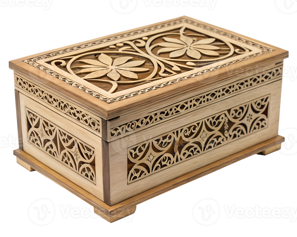 Wooden decorative box with carved details and a handle on transparent background png