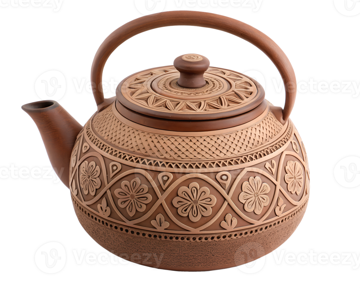 Clay Teapot With Intricate Decorative Patterns, Traditional Teapot On Transparent Background png