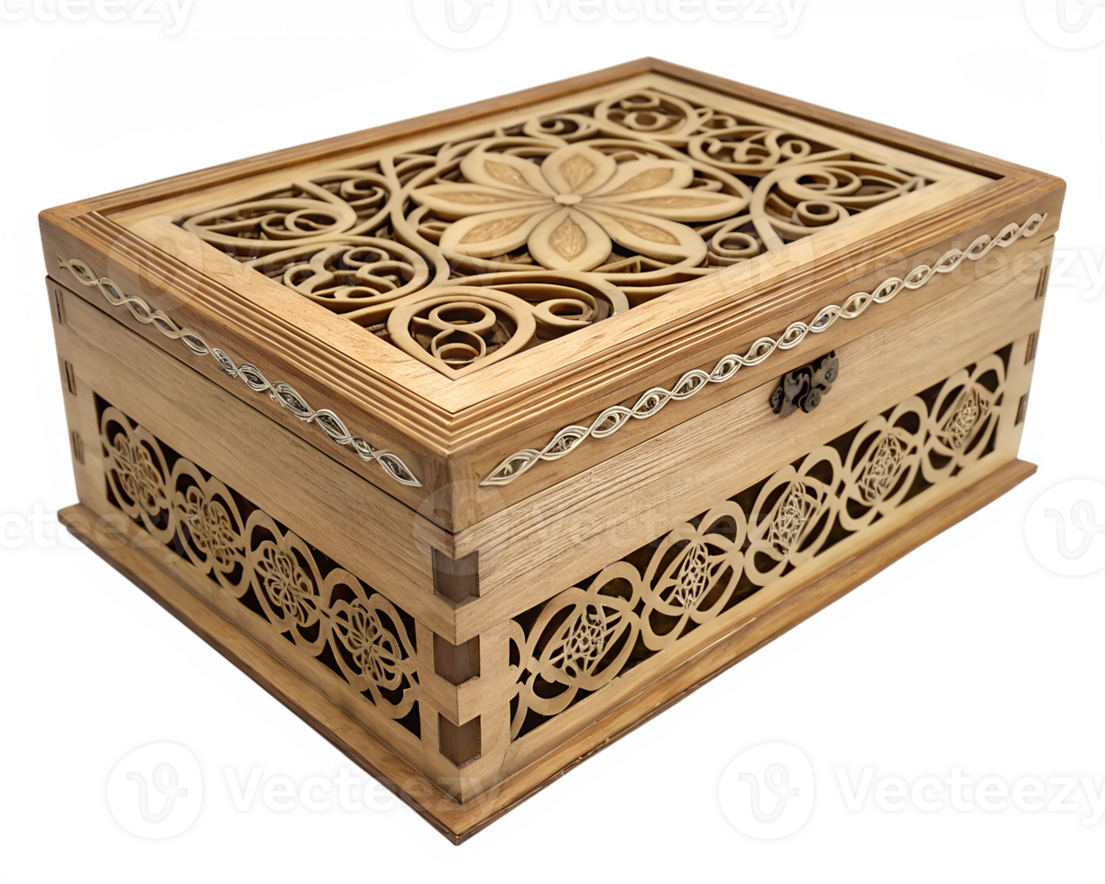 Wooden decorative box with carved details and a handle on transparent background, antique style png