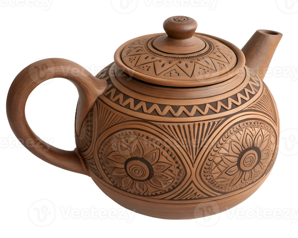 Clay Teapot With Intricate Decorative Patterns, Vintage Tea Set On Transparent Background png